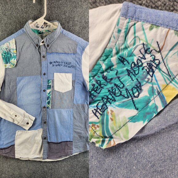Desigual Regular XL Blue White Colorblock Floral Long Sleeve Button Up Shirt Reg - Picture 1 of 16